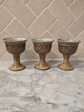 Vintage Mid Century Studio Art Pottery Goblets Signed Linda Bulhmann Cups Mugs